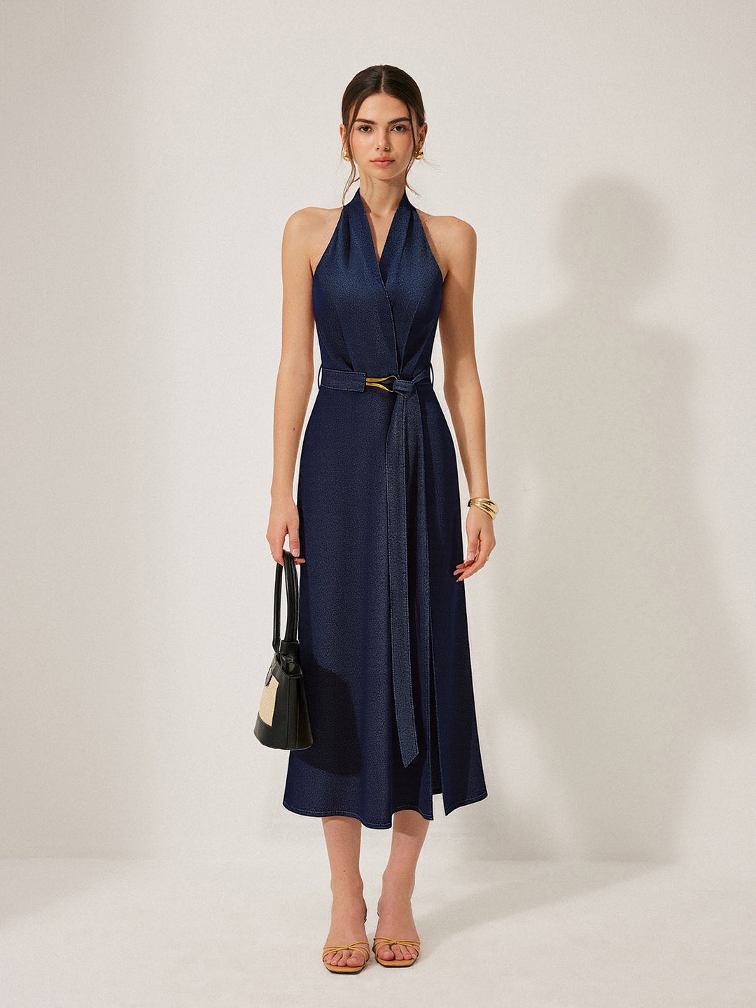 Denim Gürtel Halfter-Ausschnitt Midikleid
