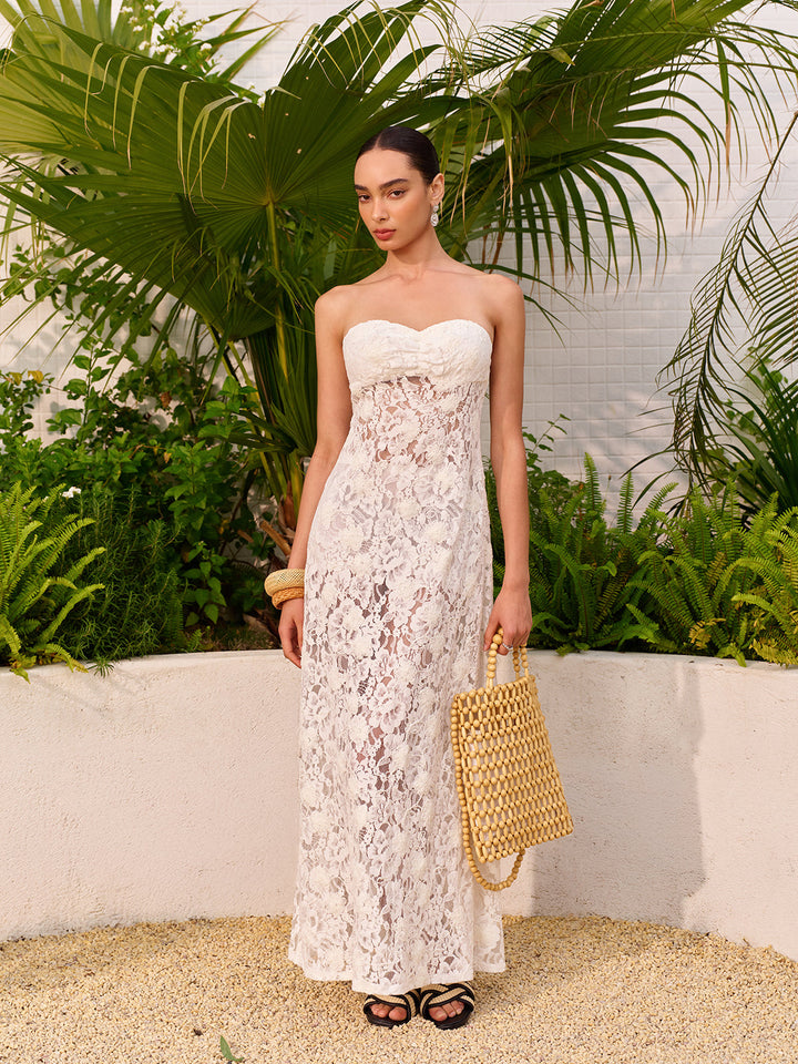 Sheer Jacquard Blumenspitzen-Kleid ohne Träger