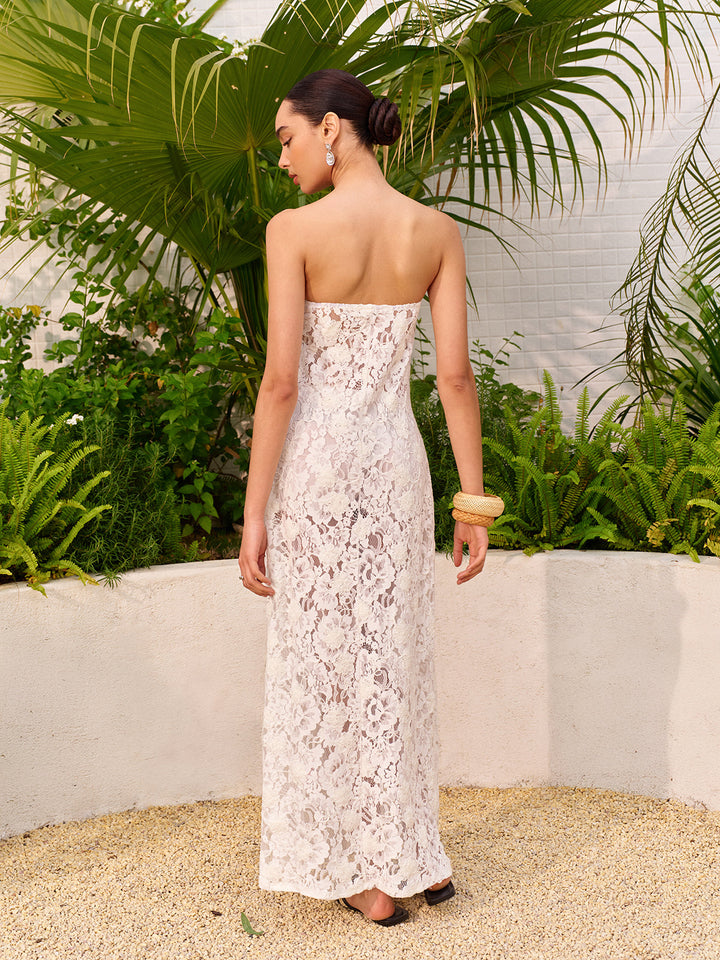 Sheer Jacquard Blumenspitzen-Kleid ohne Träger