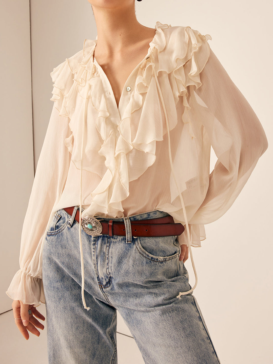 Halbdurchscheinse Rücken chiffon geblümte Bluse