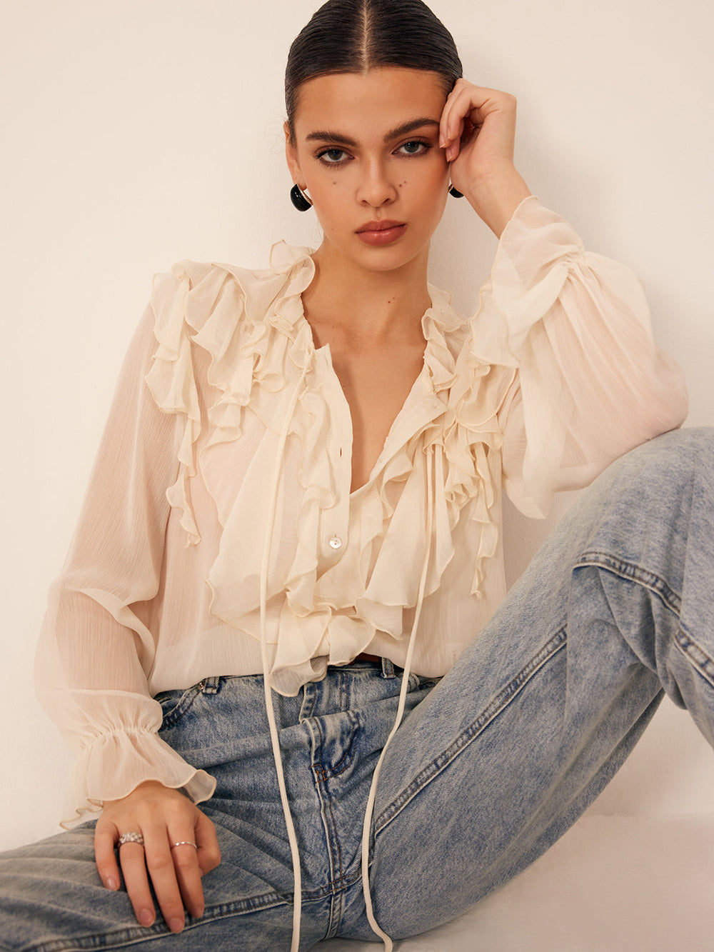 Halbdurchscheinse Rücken chiffon geblümte Bluse