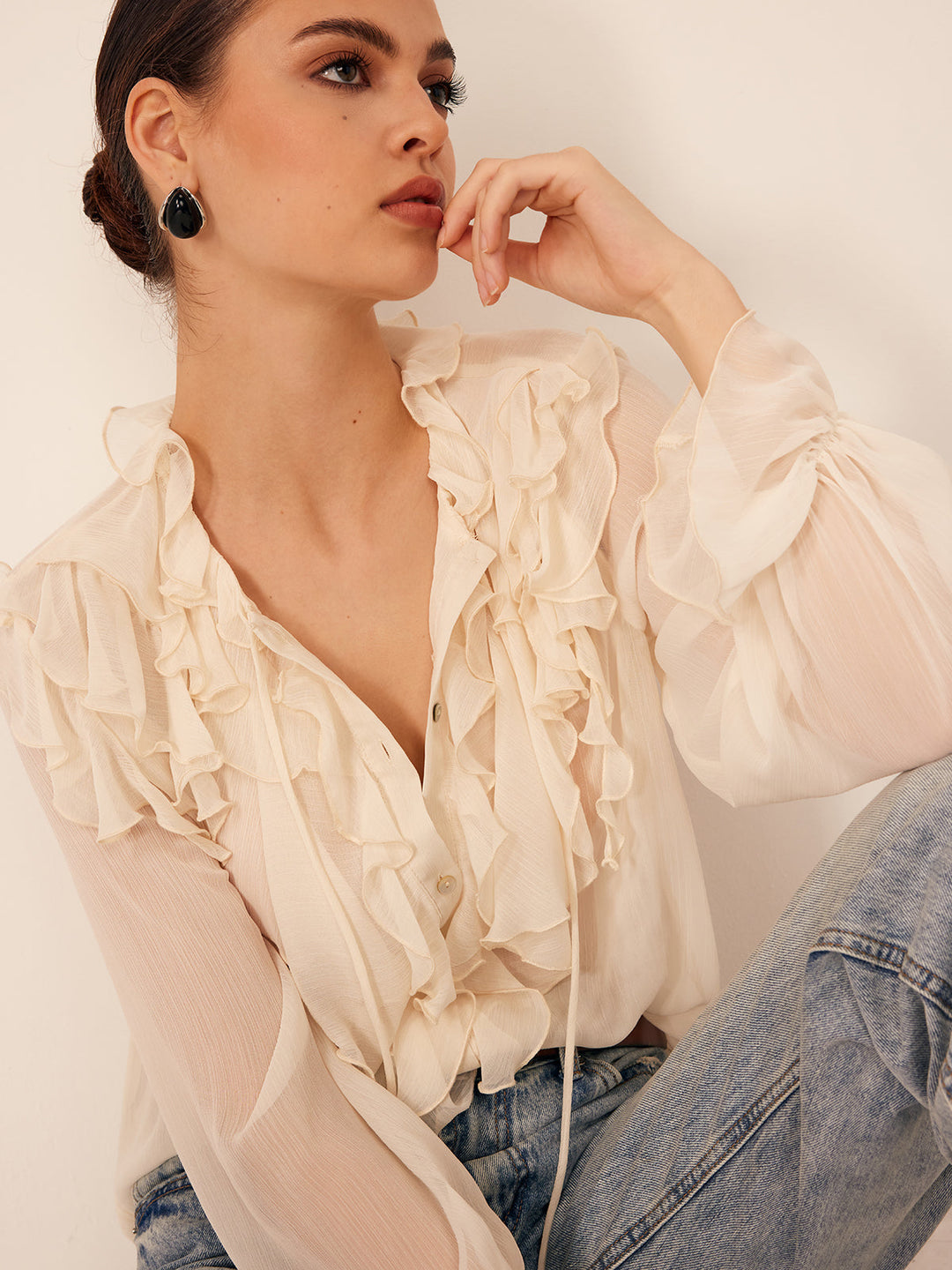 Halbdurchscheinse Rücken chiffon geblümte Bluse