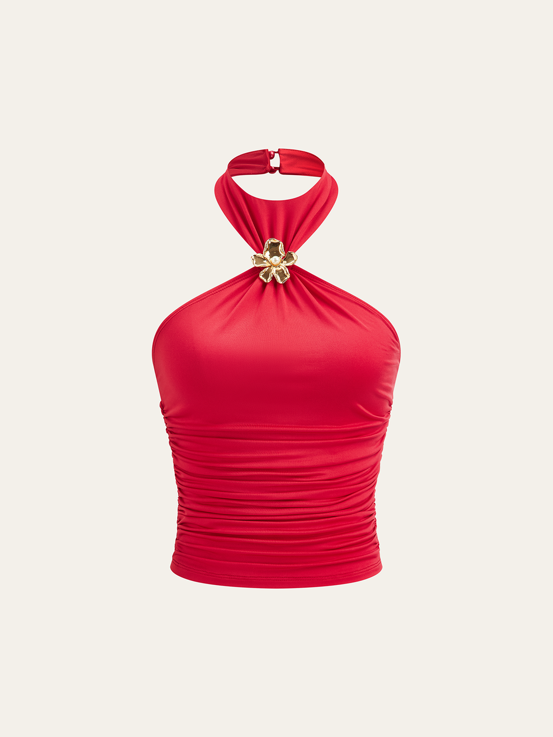 Halter Neck Oberteil mit Rüschen und Blumen-Metalldekor