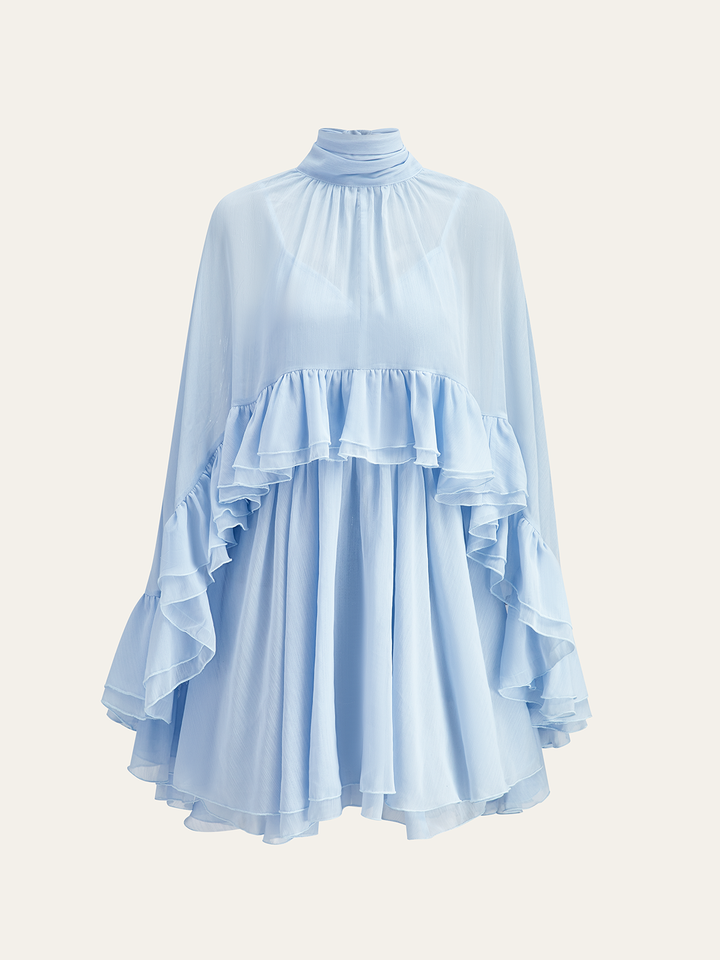 Halbdurchsichtiges Chiffon-Rüschenkleid mit Außencape