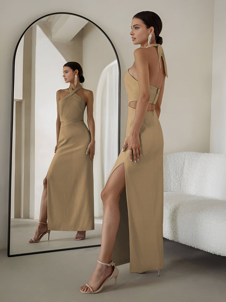 Crisscross Cutout Halter Split Strick-Strick-Langes Kleid