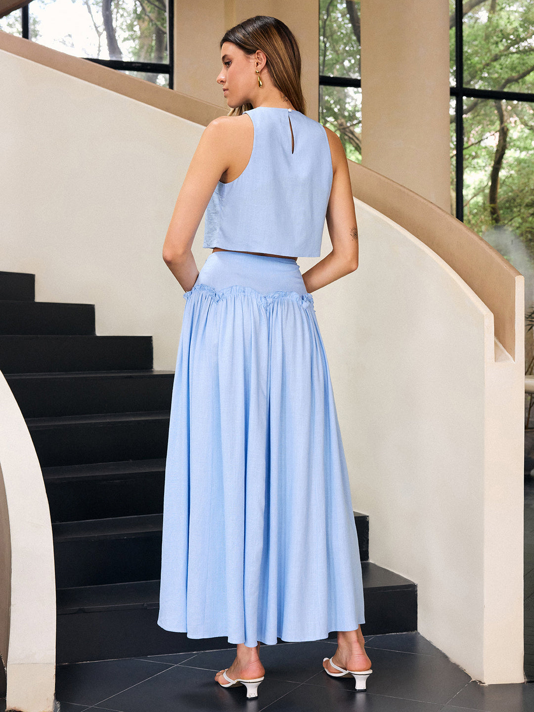 Leinen- und Baumwoll-Maxikleid-Set mit Rüschen