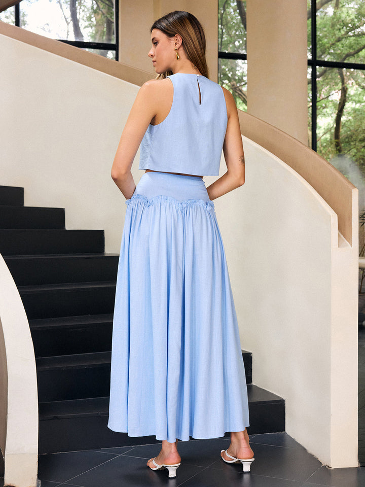 Leinen- und Baumwoll-Maxikleid-Set mit Rüschen