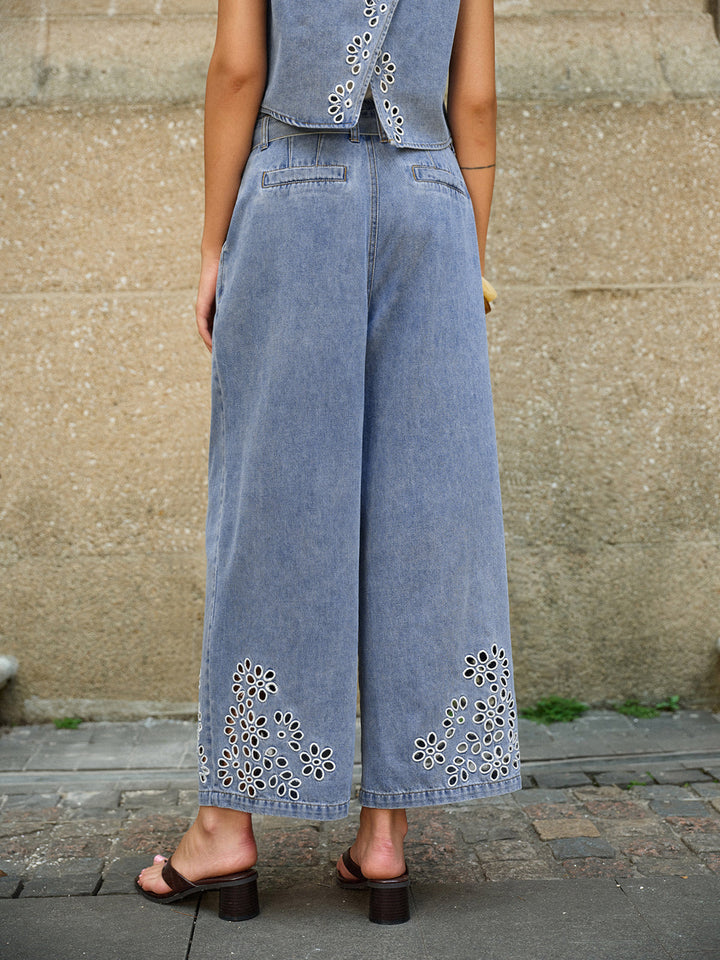 Denim Stickerei Hose mit Bindegürtel
