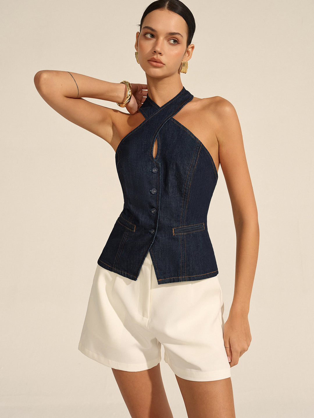 Denim Träger Crisscross-Rückenfreies Oberteil