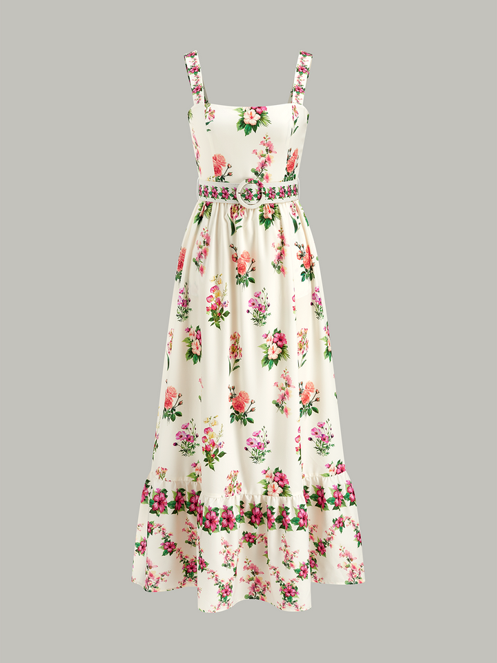 Florales Midi-Kleid mit Gürtel