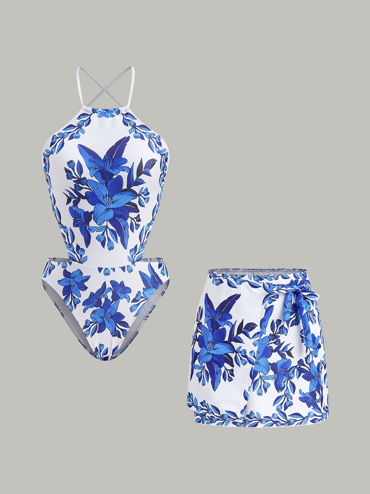 Floral Print Back Tie One-Piece Swimsuit Mit Abdeckung Rock