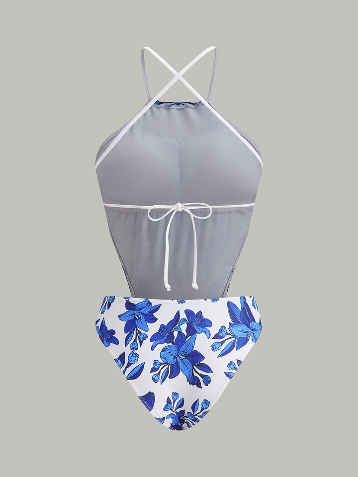 Floral Print Back Tie One-Piece Swimsuit Mit Abdeckung Rock