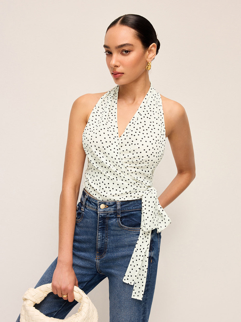 Halbtransparente Wickel-Halfter-Oberteil mit Polka-Dot-Muster