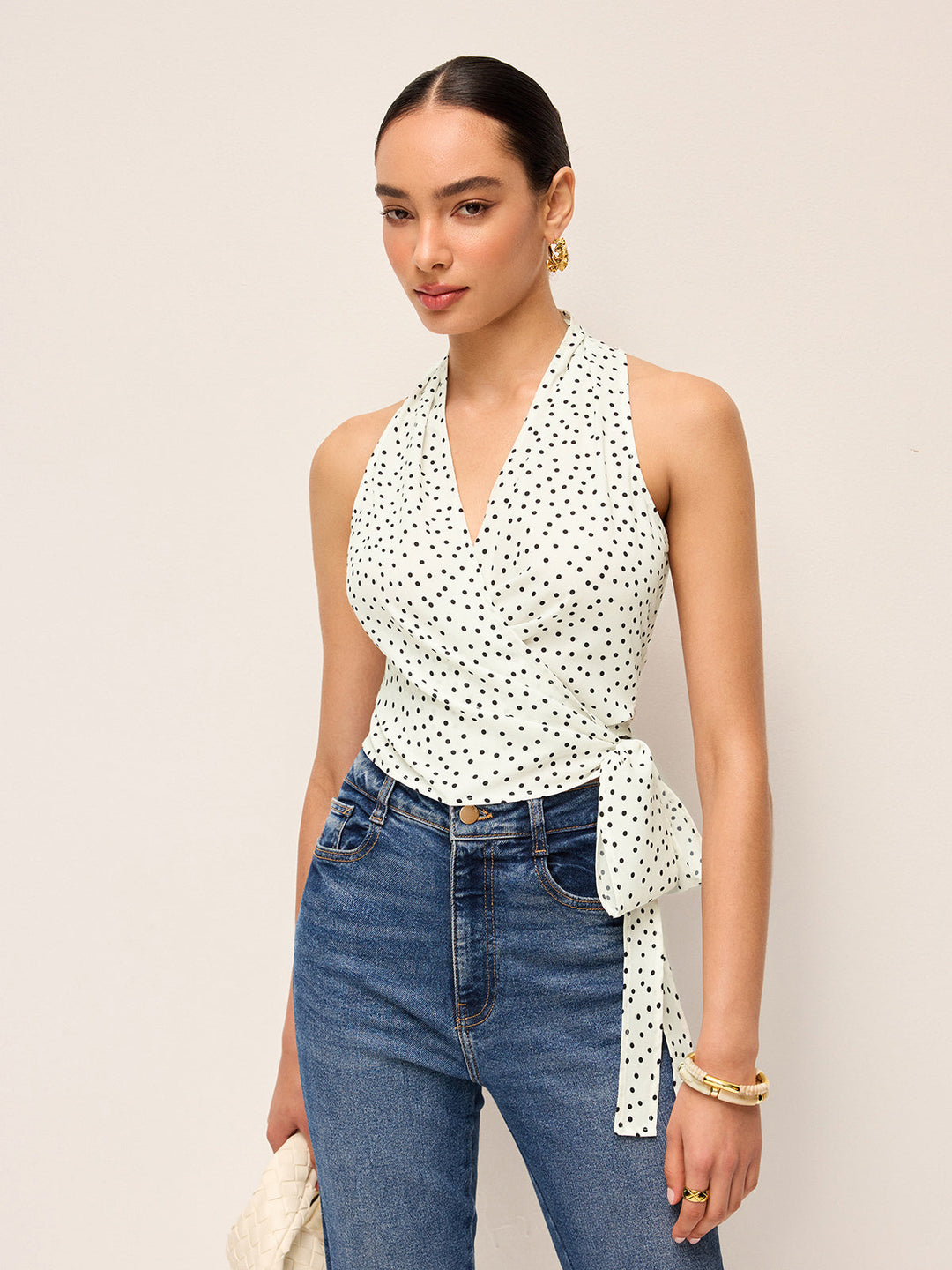 Halbtransparente Wickel-Halfter-Oberteil mit Polka-Dot-Muster