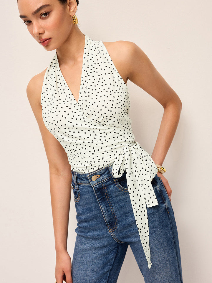 Halbtransparente Wickel-Halfter-Oberteil mit Polka-Dot-Muster
