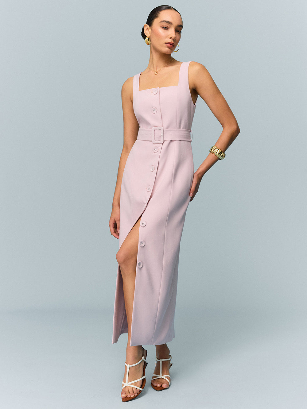 Maxikleid mit Gürtel und Knopfleiste