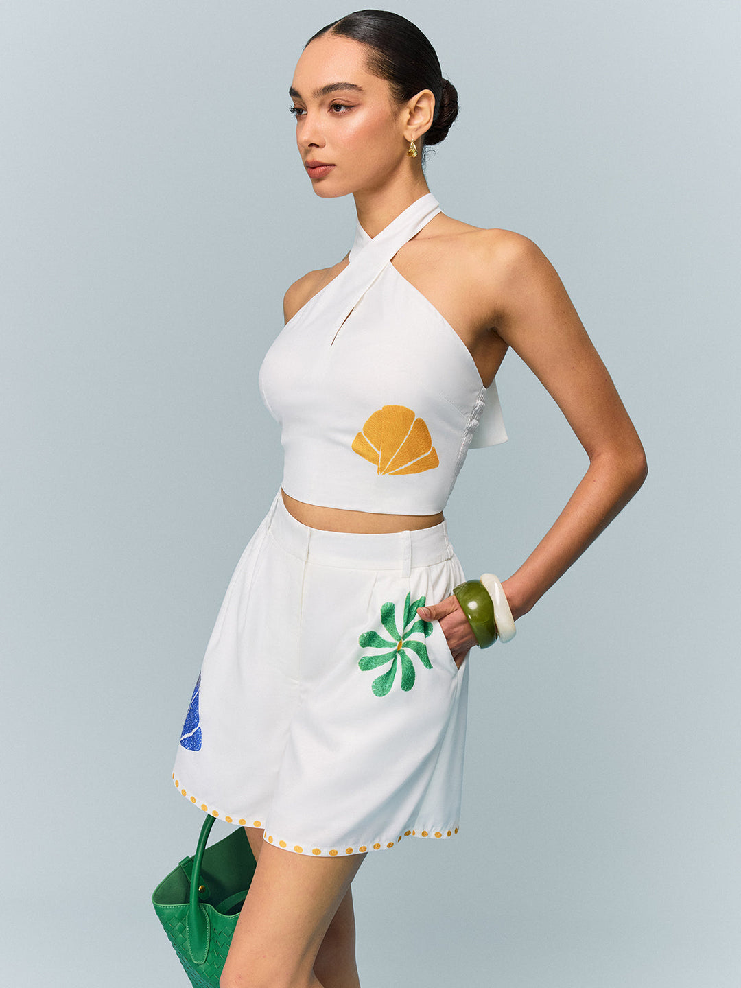 Neckholder-Crop-Top und bedruckte Shorts Set