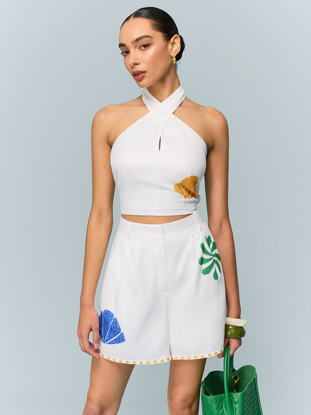 Neckholder-Crop-Top und bedruckte Shorts Set