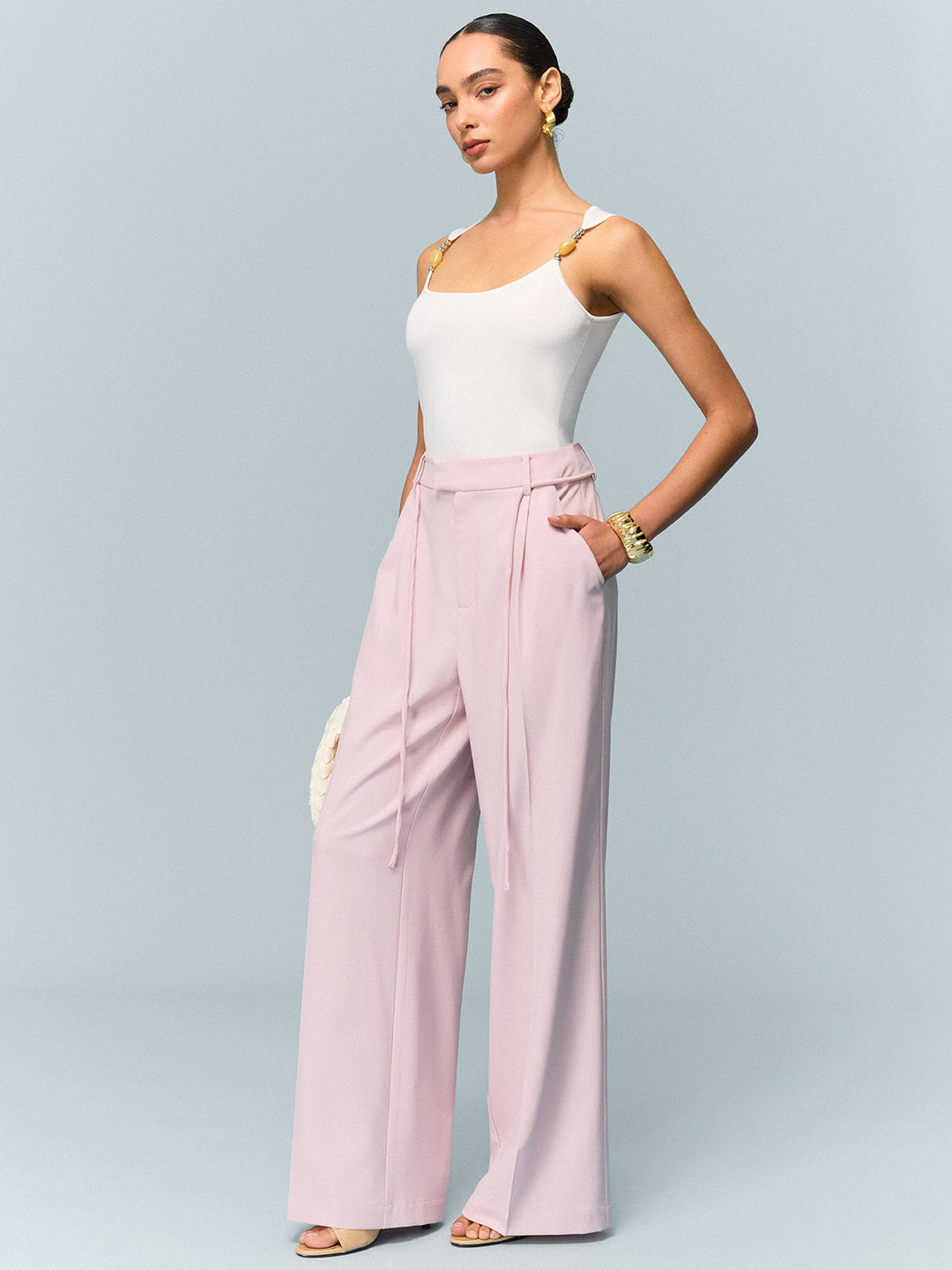 High-Waisted Weitbeinige Hose mit Bindedetail