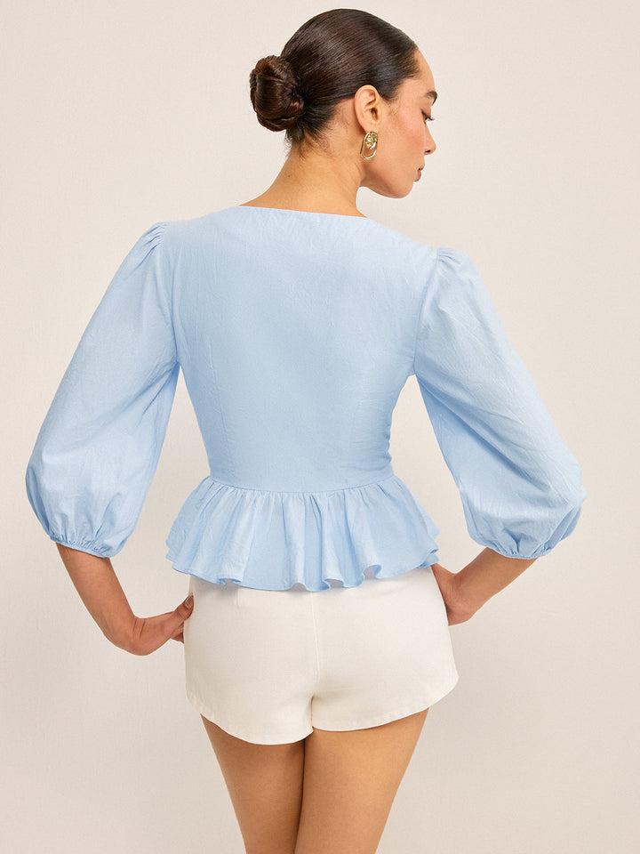 Rüschen-V-Ausschnitt-Peplum-Oberteil mit Puffärmeln