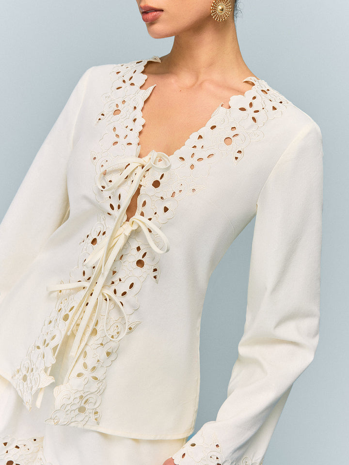 Reversible Embroidered-Lace Linen & Cotton Top