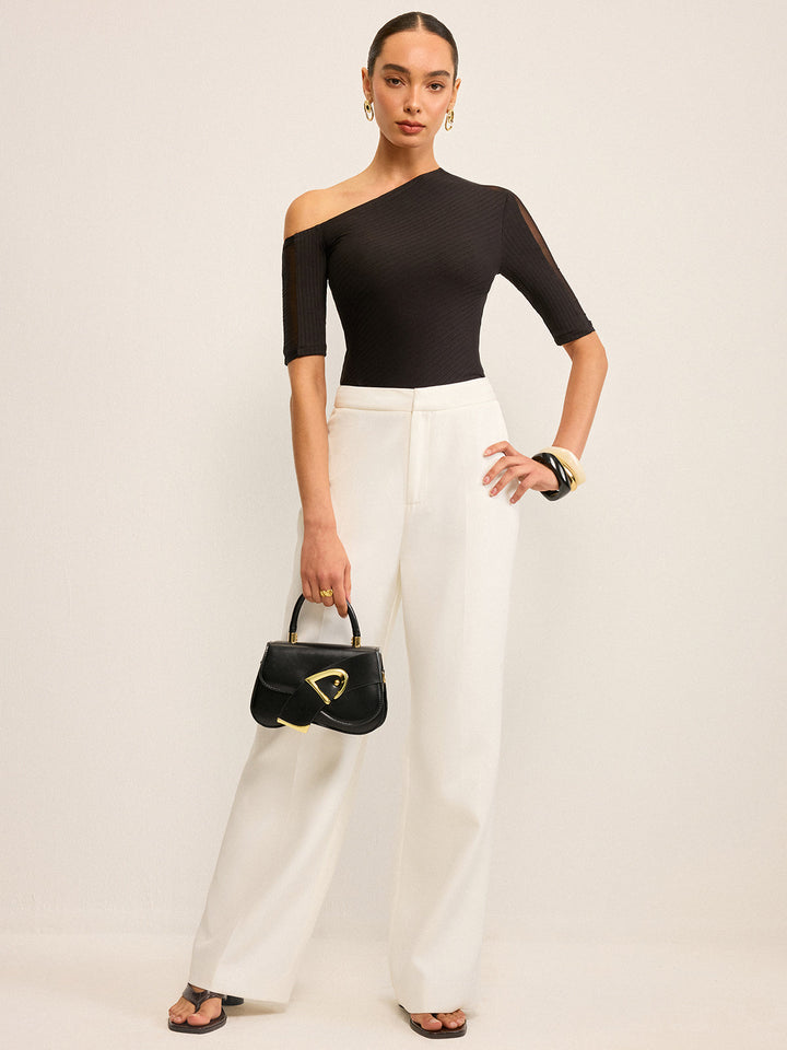Asymmetrical One-Shoulder Top with Mesh Sleeve