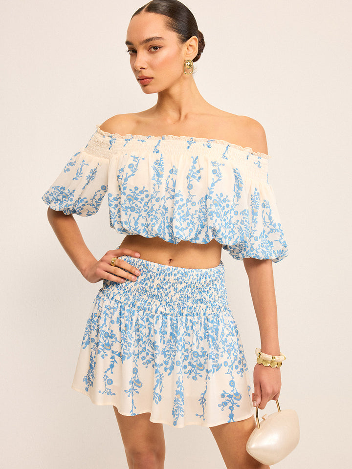 Floral Off-Shoulder Crop Top und Cinching Rock Set