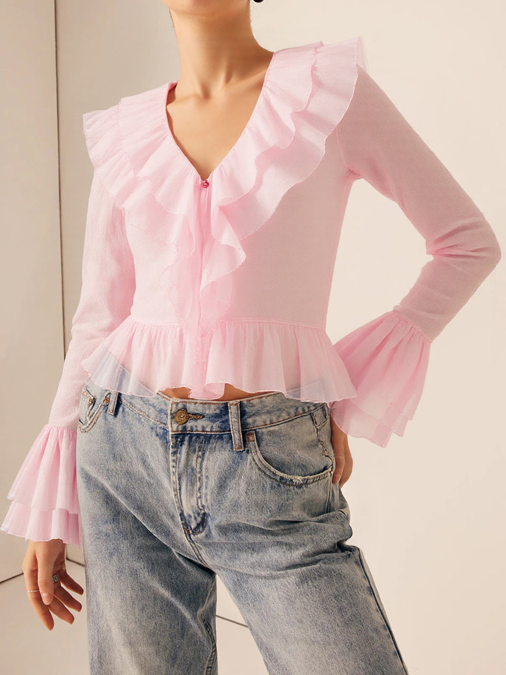 Ruffled V-Neck Bell-Sleeve Top