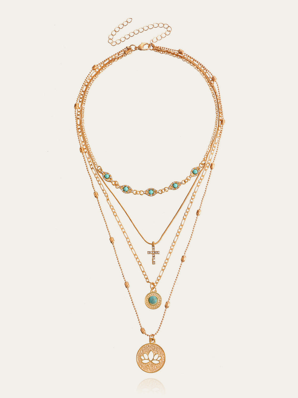 Mehrschichtige goldfarbene Halskette mit Türkis und Charms