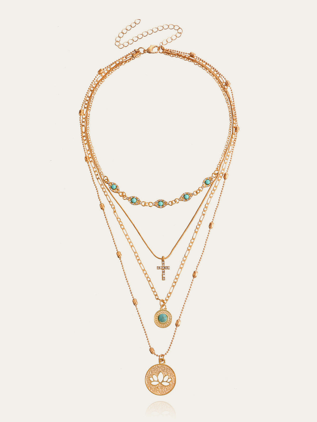 Mehrschichtige goldfarbene Halskette mit Türkis und Charms