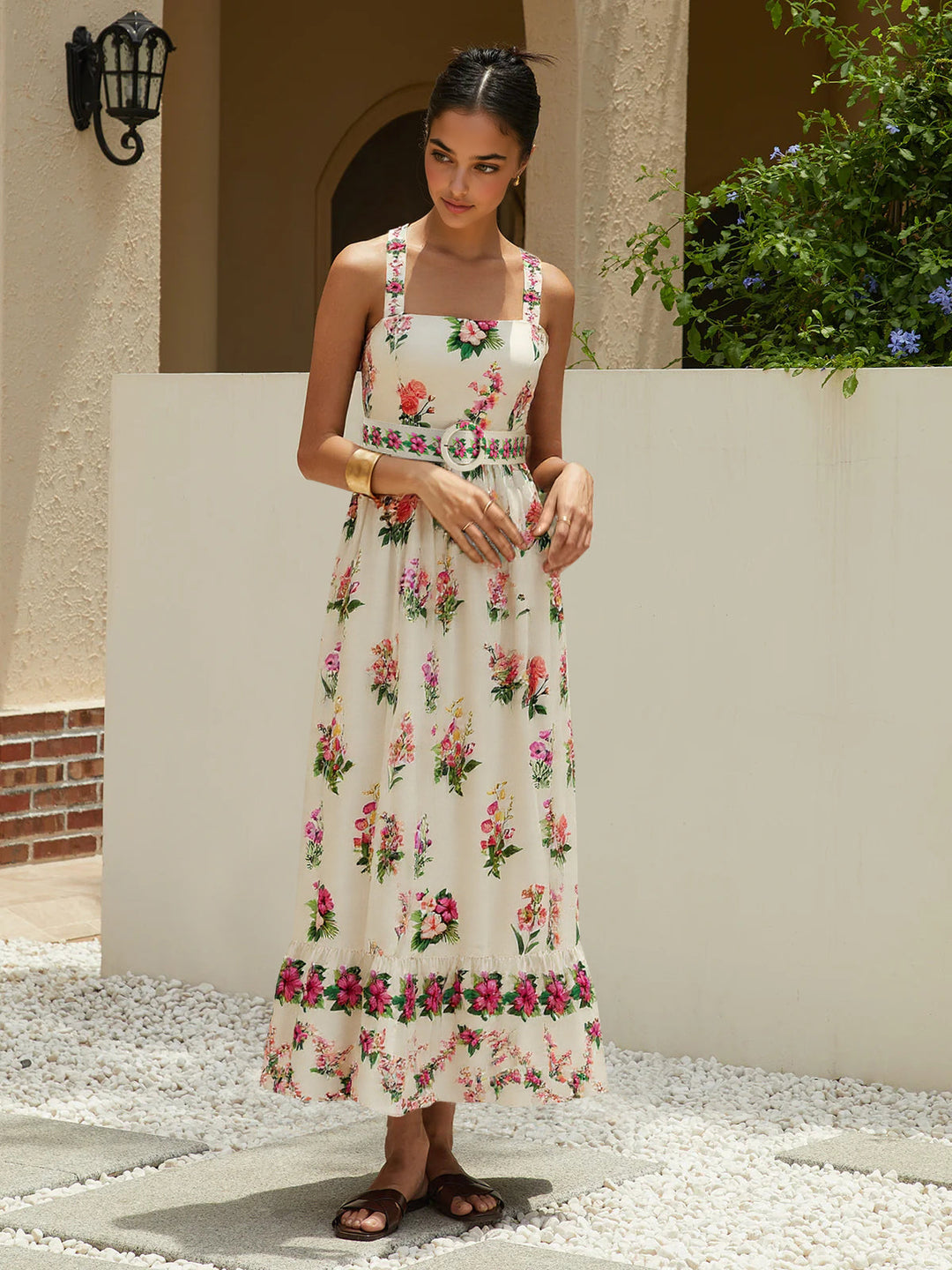 Florales Midi-Kleid mit Gürtel