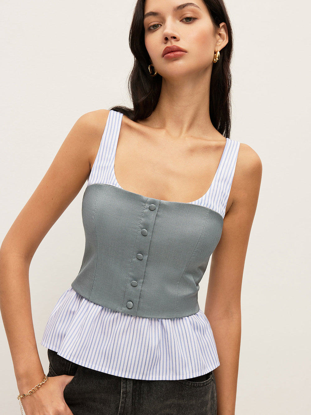 Gestreifte & Uni Peplum-Hemd mit Knöpfen