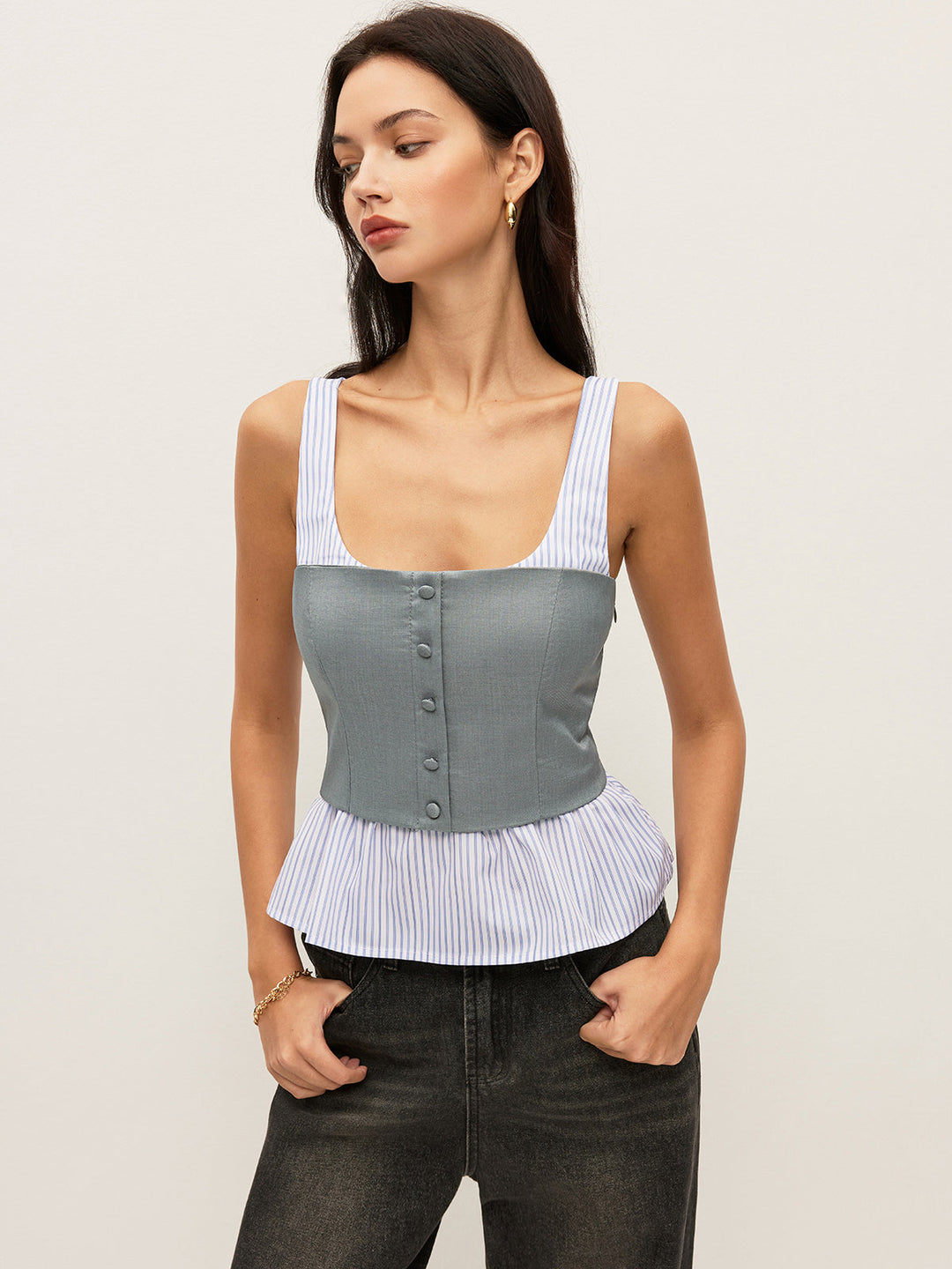 Gestreifte & Uni Peplum-Hemd mit Knöpfen