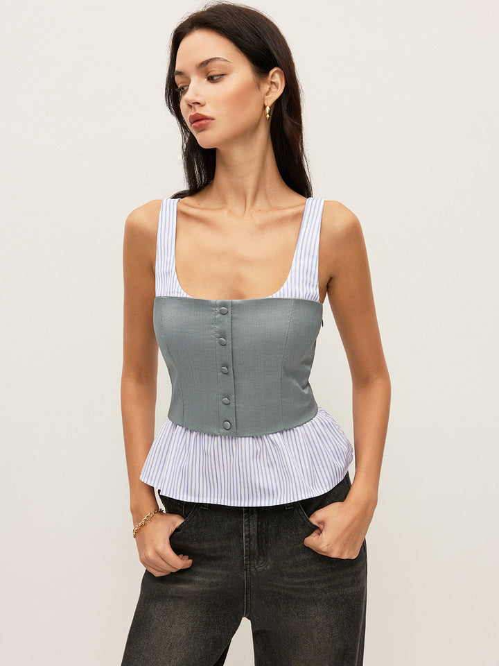 Gestreifte & Uni Peplum-Hemd mit Knöpfen