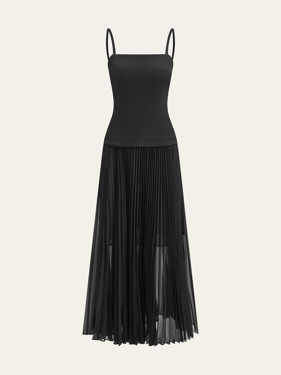 Spaghettiträger-Kleid mit Rückenausschnitt und Falten, Maxikleid