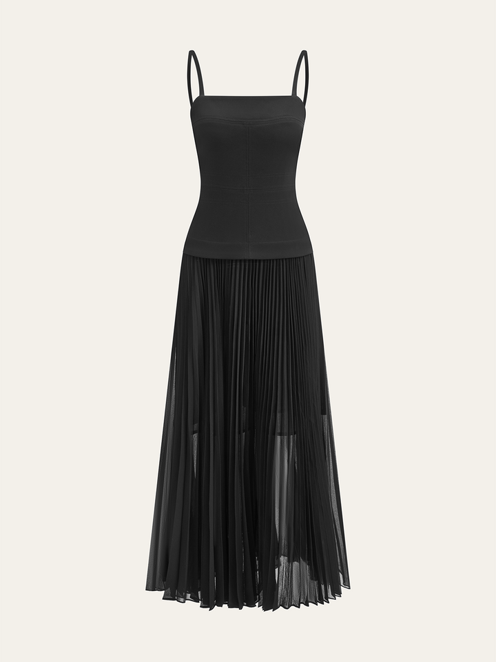 Spaghettiträger-Kleid mit Rückenausschnitt und Falten, Maxikleid