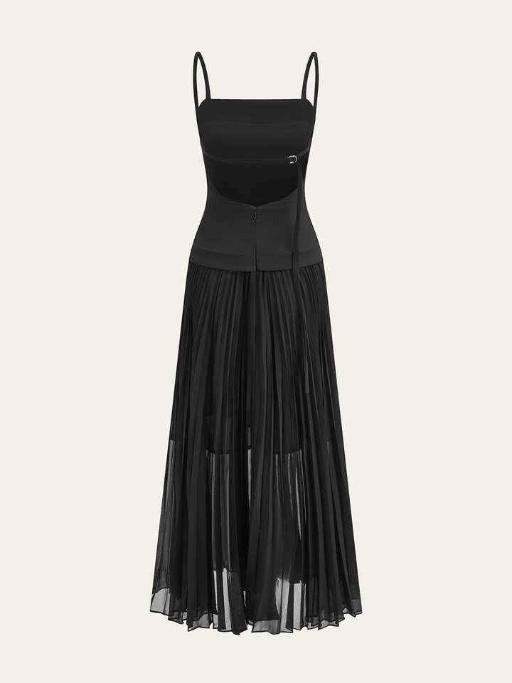 Spaghettiträger-Kleid mit Rückenausschnitt und Falten, Maxikleid