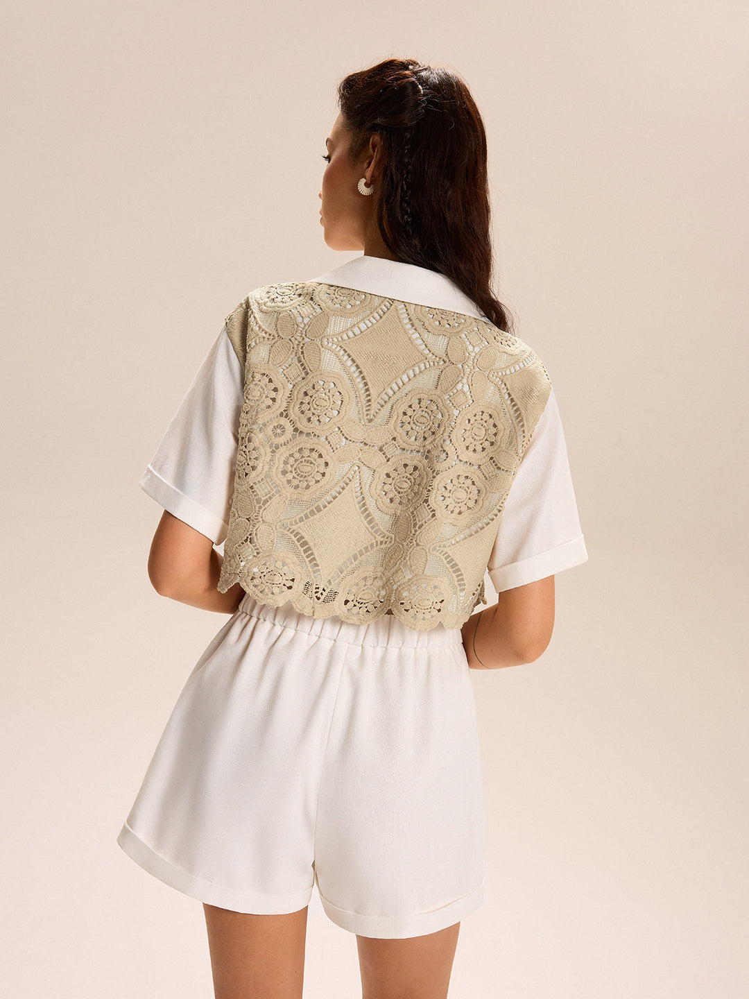 Spitzenbesetzte Crop-Bluse mit Shorts-Set