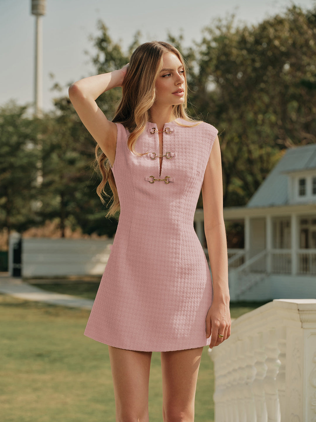 Metal Button Tweed Ärmelloses Kleid
