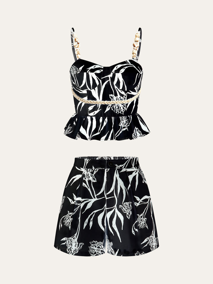Floral Print Peplum Top Mit Shorts Set
