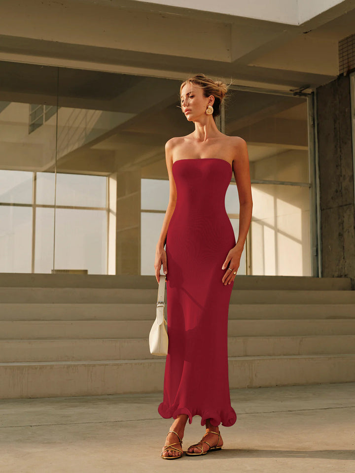 Kalt-Schulter-Strickkleid mit Rüschen