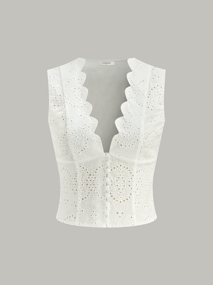 Gerüschter Ausschnitt Knopf-Front-Häkel-Crop-Top