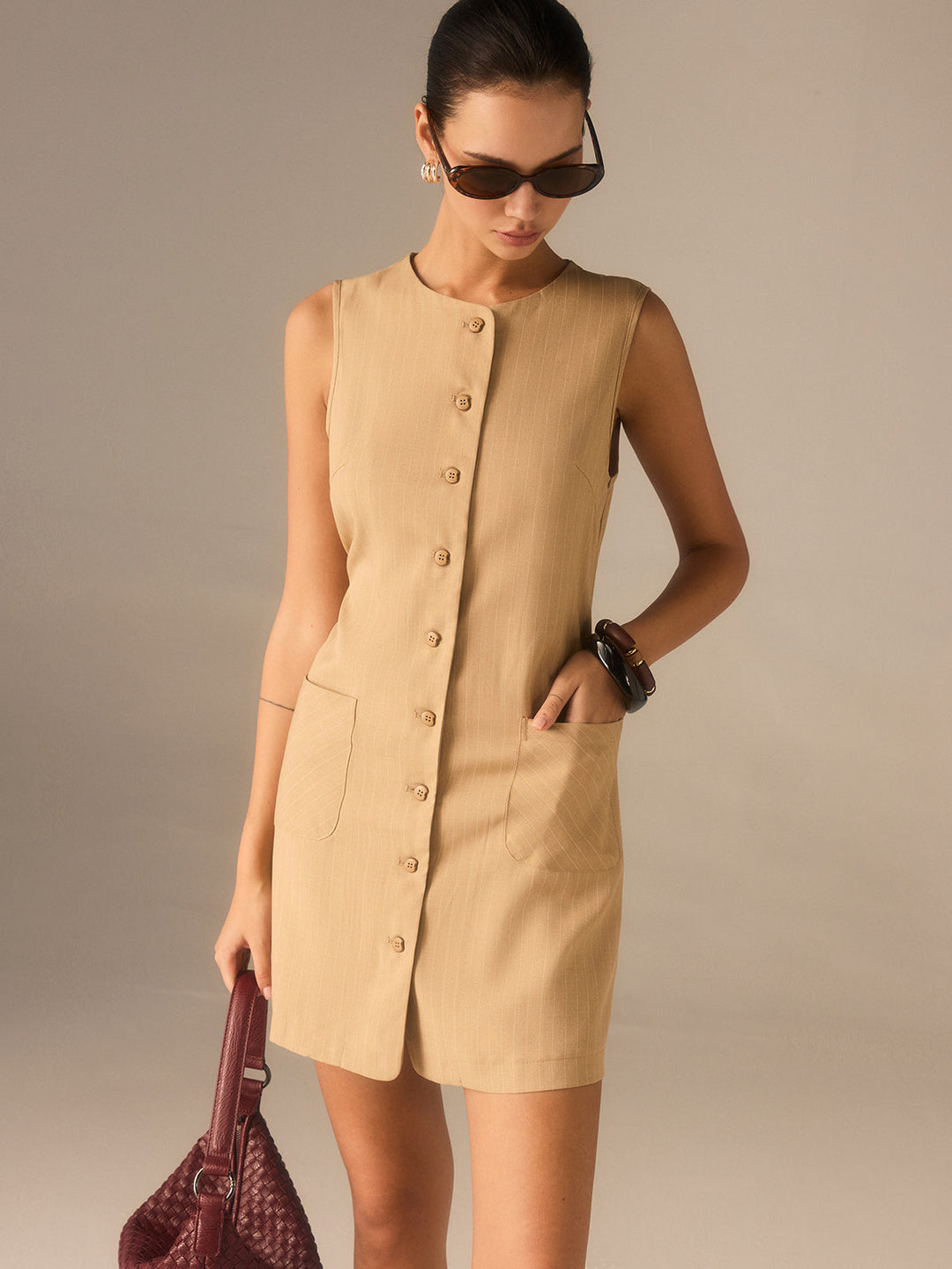 Kleid mit Knöpfen aus Baumwollmischung mit Taschen und Bindebändern
