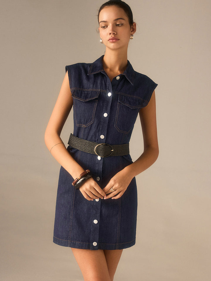 Denim Kleid mit Knopfleiste vorne, Kragen, ärmellos und ohne Gürtel