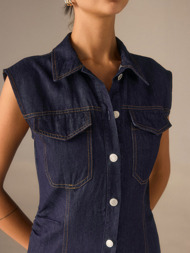 Denim Kleid mit Knopfleiste vorne, Kragen, ärmellos und ohne Gürtel