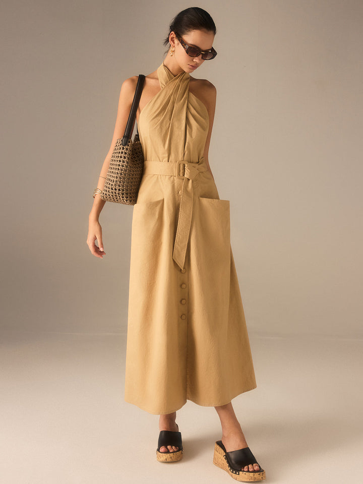 Baumwoll-Falten-Wickelkleid mit Gürtel in Midi-Länge