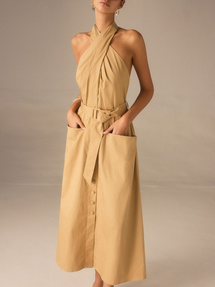 Baumwoll-Falten-Wickelkleid mit Gürtel in Midi-Länge