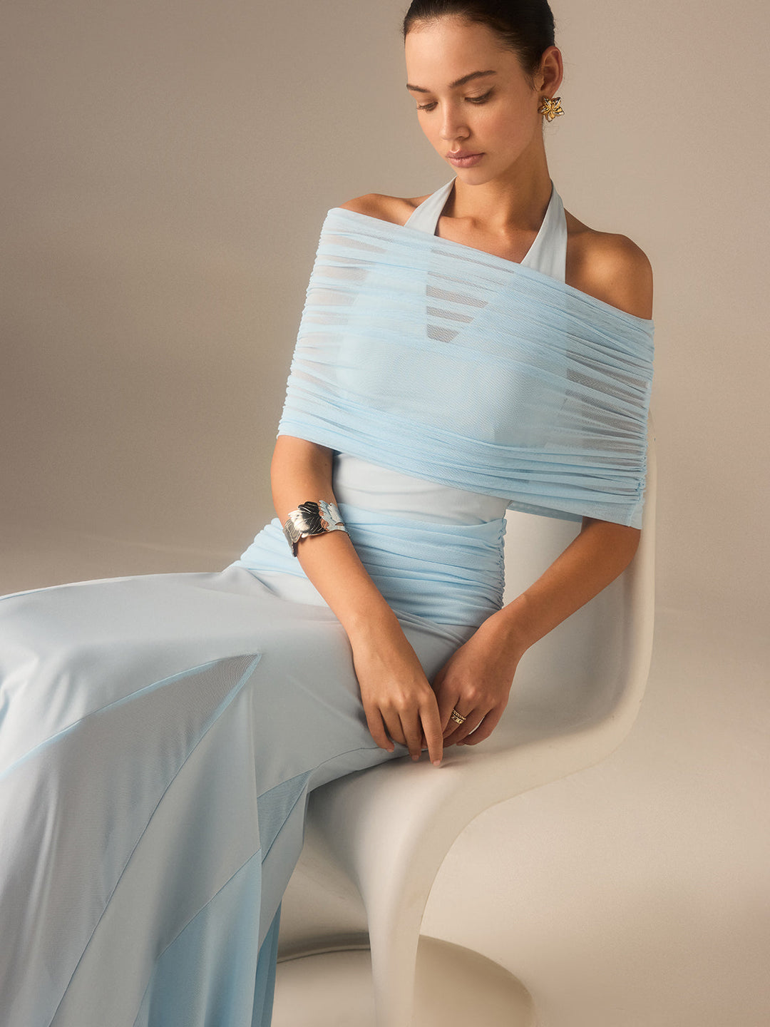 Elastisches Netz-Rüschen-Maxikleid