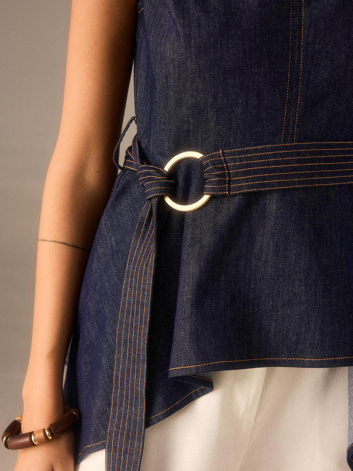 Denim Peplum Gürtel-Top mit asymmetrischem Saum