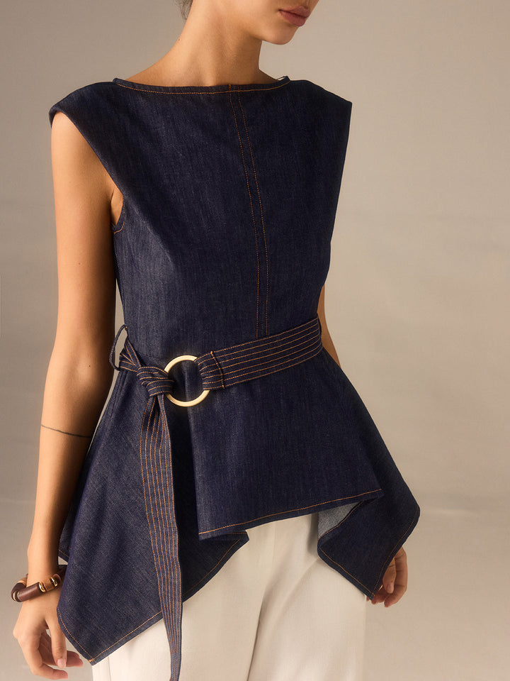 Denim Peplum Gürtel-Top mit asymmetrischem Saum